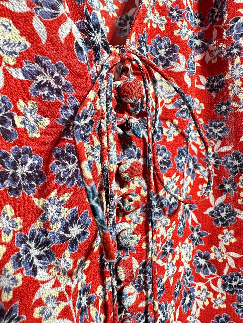 NICHOLAS 100% Silk Red Floral Blouse Ruffle Bell Sleeve Lace Up Sheer XS - Picture 3 of 6